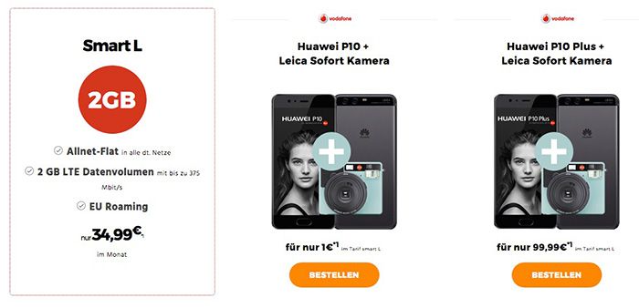 Vodafone Smart L mit 2GB LTE + Huawei P10 (Plus) für 34,99€ mtl. + gratis Leica Sofort Kamera