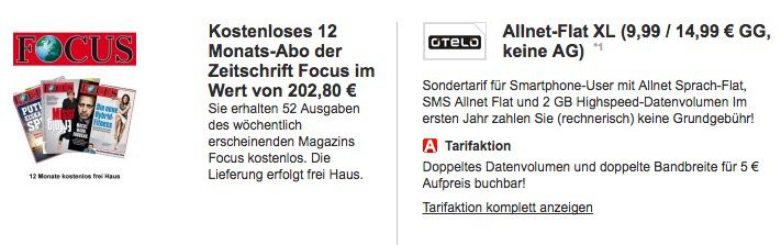 TOP! otelo Allnet Flat mit 2GB für 12,49€ mtl. + GRATIS Focus Jahresabo (Wert 203€)