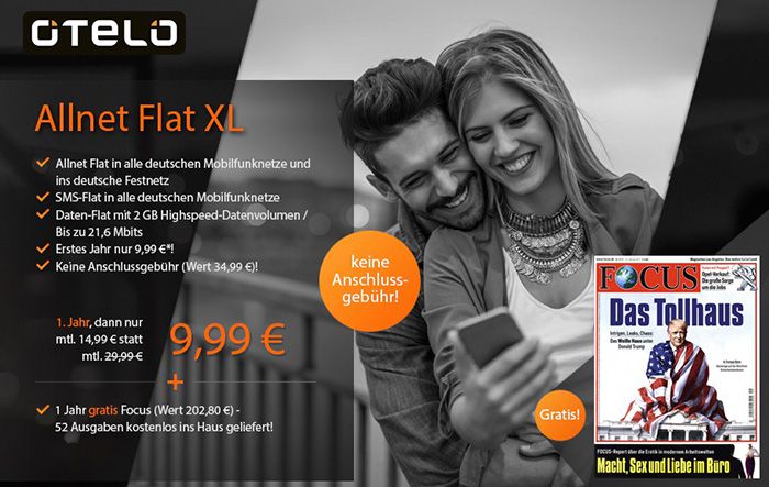 TOP! otelo Allnet Flat mit 2GB für 12,49€ mtl. + GRATIS Focus Jahresabo (Wert 203€)
