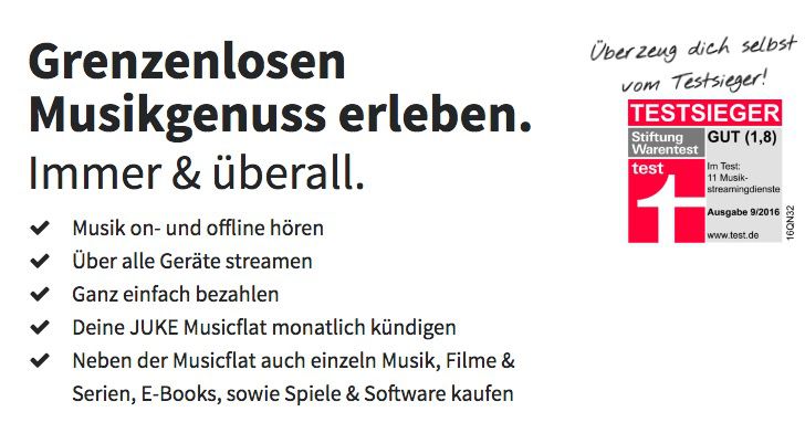 GRATIS! JUKE Music Flat (40 Mio. Songs) für 3 Monate kostenlos (statt 30€)