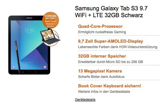 Samsung Galaxy Tab S3 9.7 WiFi + LTE 32GB ab 219€ (statt 760€) + bis zu 20GB Telekom LTE Flat ab 29,95€ mtl.