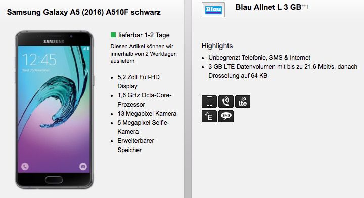 Samsung Galaxy A5 (2016) + o2 Allnet Flat mit 3GB LTE für 14,99€ mtl.