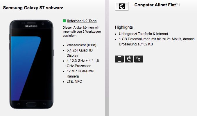 Samsung Galaxy S7 + Congstar Telekom Allnet Flat mit 1GB für 23,75€ mtl.