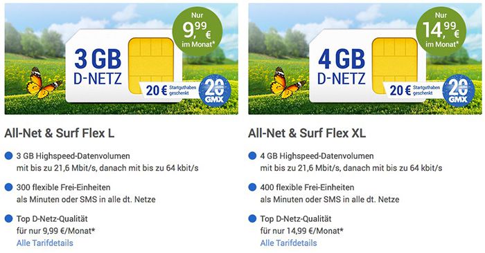 GMX Tarif mit 2GB für 6,99€ mtl.   3GB für 8,99€ oder 4GB für 12,99€ mtl.