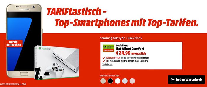 Vodafone Allnet Flat mit 1GB + Galaxy S7 + Xbox One S (500GB) für 26,70€ mtl.   effektiv 53€ Gewinn