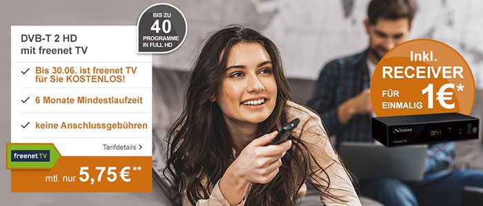 freenet.TV (DVB T2) Premium + HD Receiver (6 Monate Laufzeit) für 5,75€ mtl.   bis 30.6.2017 kostenlos!