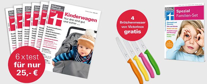 6 Ausgaben Stiftung Warentest für 25€ (statt 34,50€) + gratis 4 Victorinox Messer + gratis 1 Ausgabe Finanztest Spezial