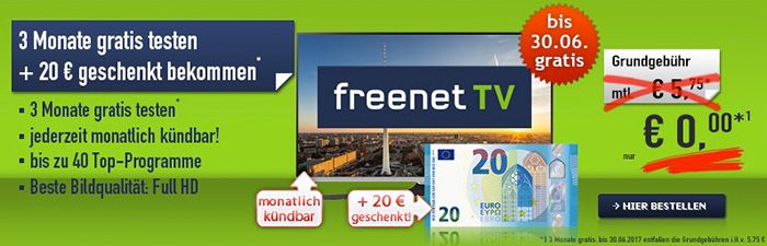 KNALLER! freenet TV (DVB T2) 3 Monate GRATIS + 20€ geschenkt bekommen