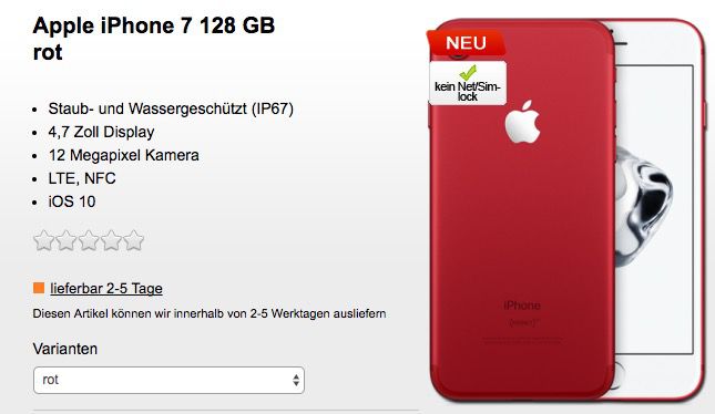 Das neue (rote) iPhone 7 mit 128GB für 1€ (statt 859€) + Vodafone LTE Tarif für 39,99€ mtl.