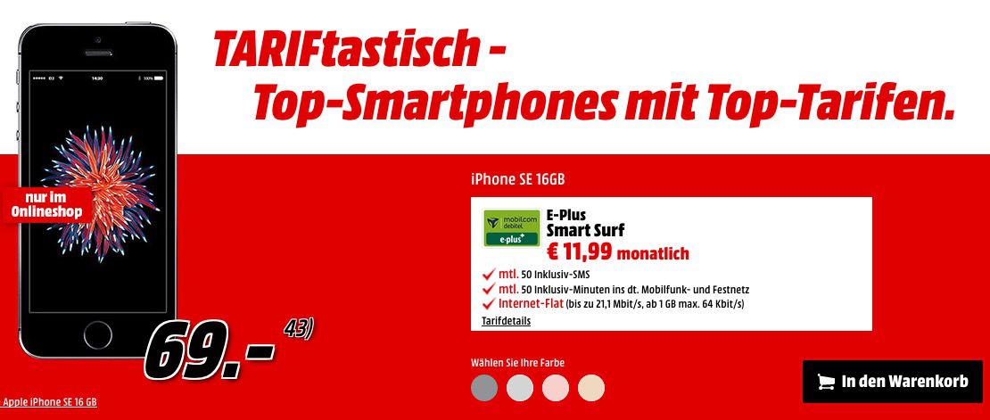 iPhone SE 16GB für 69€ + ePlus Tarif (o2 Netz) + 1GB + 50 Freimin. & 50 Frei SMS für 11,99€/Monat