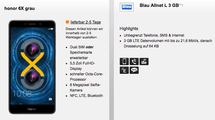 Honor 6X für 19,99€ (statt 237€) + o2 Flat mit 3GB LTE für 14,99€ mtl.