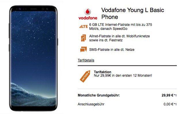 Vodafone Young Allnet mit 6GB LTE + Samsung Galaxy S8 für 35,19€ mtl. oder iPhone 7 für 37,19€ mtl.