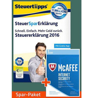 SteuerSparErklärung 2017 für das Steuerjahr 2016 + McAfee Internet Security 2017 nur 19,90€ (statt 32€)