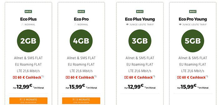 BASE Eco Tarife mit bis zu 5GB LTE + Allnet Flat ab 12,99€ mtl. + 3 Monate keine Grundgebühr + 60€ Cashback