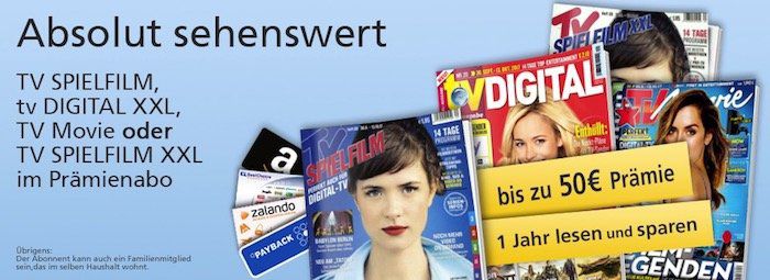 TV Zeitschriften mit bis zu 50€ Prämie   TV Spielfilm, TV Movie etc.