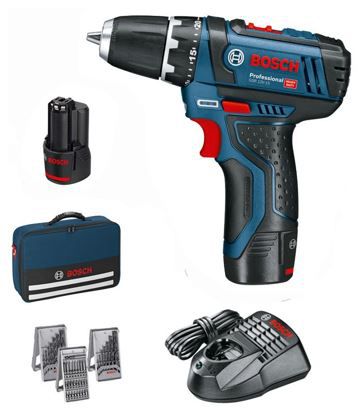 Bosch Akku Bohrschrauber GSR 12 V 15 + 2Ah + 4Ah Akku+ 39 tlg. Zubehörset für 99,95€ (statt 106€)