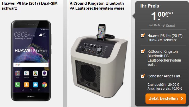 Knaller! Congstar AllNet + 1GB Daten Flat für 20€ mtl. + Smartphone und KitSound Kingston Bluetooth Lautsprecher (Wert 524€)