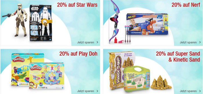 20% Rabatt auf ausgewählte Spielwaren Marken wie BARBIE, HOT WHEELS, Star Wars, Nerf, PLAY DOH, Kinetic und Super Sand sowie Schleich