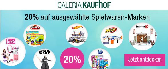 20% Rabatt auf ausgewählte Spielwaren Marken wie BARBIE, HOT WHEELS, Star Wars, Nerf, PLAY DOH, Kinetic und Super Sand sowie Schleich