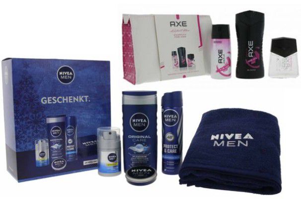 Nivea Herren 5 teilg. Pflege Set oder AXE Damen Set mit Kulturbeutel für je 9,99€