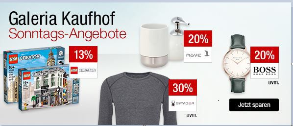 Galeria Kaufhof Sonntagsangebote   z.B. 20% Rabatt auf Sportfashion + Uhren   15% auf GIN + Tequila