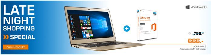 ACER Swift 3   14 Notebook mit Core i5, 8GB RAM + 256GB SSD für 666€ 