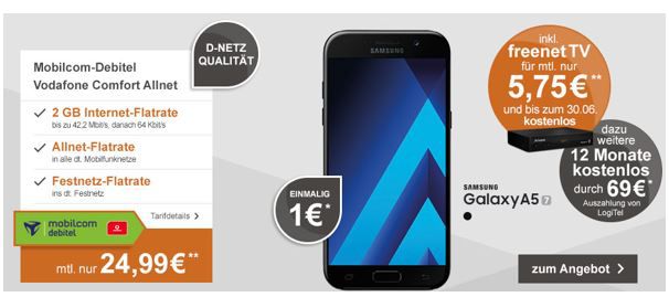 Gratis freenet TV (DVB T2) für 1 Jahr + Samsung Galaxy A5 (2017) + Vodafone Allnet mit 2GB für 24,99€