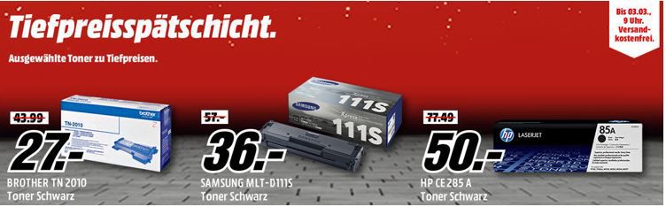 Media Markt Toner Tiefpreisspätschicht   u.a. BROTHER TN 2010 Tonerkartusche Schwarz für 27, 