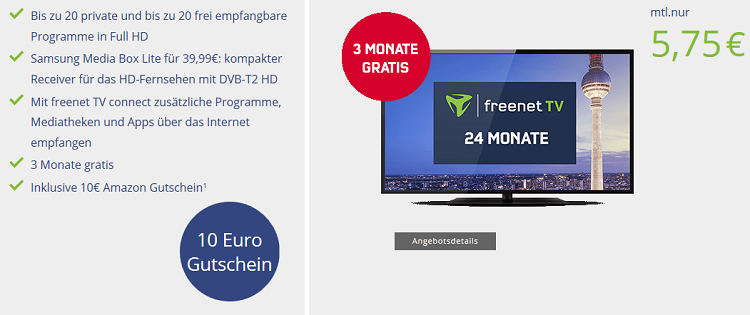 freenet TV (DVB T2) für 5,75€ mtl. + Samsung Media Box Lite für 39,99€   3 Monate kostenlos + 10€ Amazon Gutschein