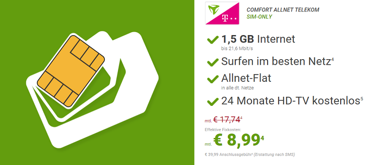 Telekom Allnet Flat mit 1,5GB + Freenet DVB T2 HD für nur 8,99€ mtl.