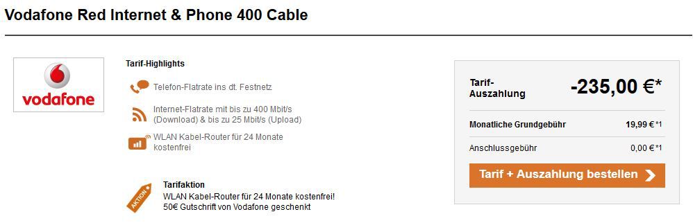 Vodafon DSL & Telefon Festnetz Flatrate bis zu 400 Mbit/s ab eff. 11,24€ mtl.