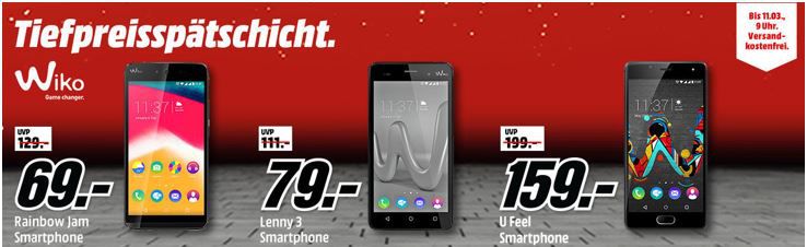 Media Markt Wiko Tiefpreisspätschicht   WIKO Sunny 8 GB Dual SIM Phone für 49€