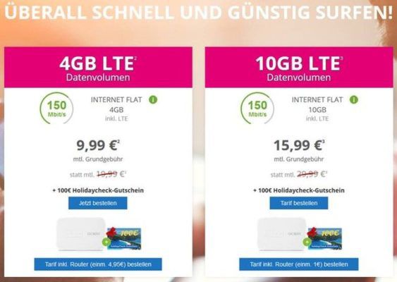 Telekom Datenflat max. 225 Mbit/s bis 20GB ab 9,99€ mtl. inkl. Holidaycheck Gutschein