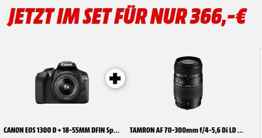 CANON EOS 1300D Spiegelreflexkamera + EF S 18 55mm + TAMRON AF 70 300mm Objektiv für nur 351€ (statt 431€)