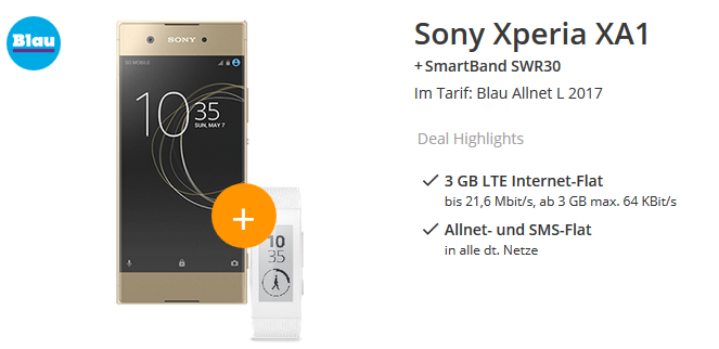 Sony Xperia XA1 + Smartband SWR30 für 29€ + Blau o2 Allnet Flat mit 3GB LTE für 14,99€ mtl.