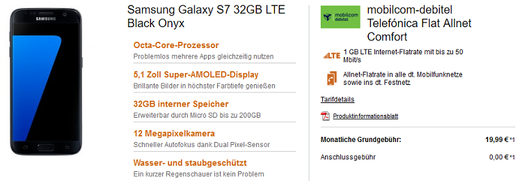 Samsung Galaxy S7 + o2 Allnet Flat mit 1GB LTE für 21,36€ mtl.