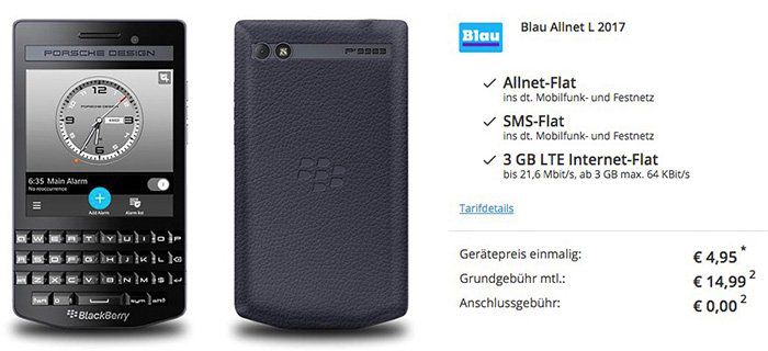 Blackberry P9983 im Porsche Design + o2 Allnet Flat mit 3GB LTE für 14,99€ mtl.