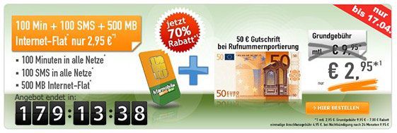 Vodafone Tarif mit 100 Min/SMS + 500MB für 2,95€ mtl. + 50€ Guthaben bei Rufnummermitnahme