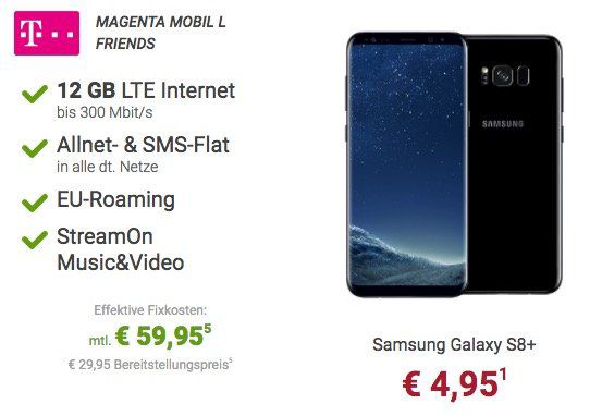 Samsung Galaxy S8 Plus mit Telekom Magenta Mobil L Friends 12GB LTE + unendlich Musik streamen für 59,95€ mtl.