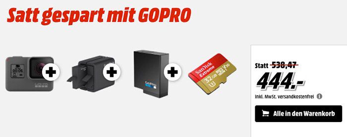 GoPro HERO5 Black Bundle mit 2. Akku, Ladegerät und 32GB microSD Karte für 444€ (statt 495€)