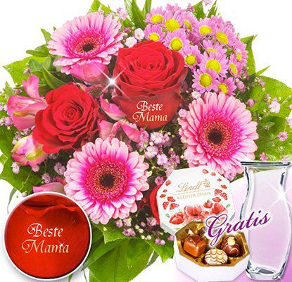 Blumenstrauß Beste Mama + Lindt Pralinen + Vase für 24,98€