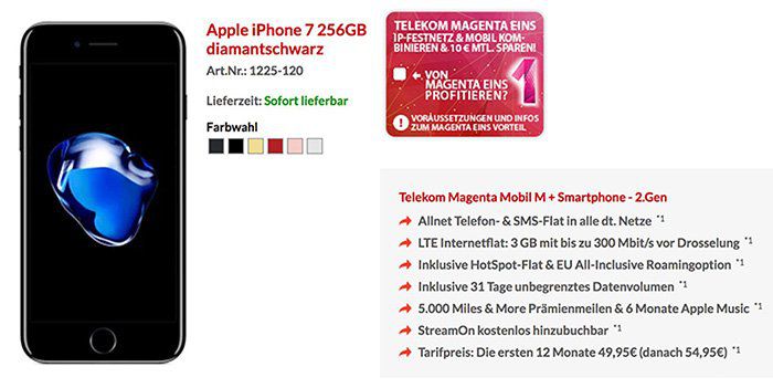 iPhone 7 256GB für 1€ + Telekom Magenta Mobil M mit 3GB LTE für 53,74€ mtl. + MagentaEins Vorteil