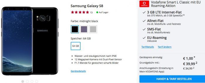 Samsung Galaxy S8 für 1€ + Vodafone Allnet & SMS Flat, inkl. 3 GB LTE für 39,99€ mtl