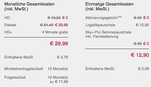 Sky komplett (Entertainment, Buli, Sport, Cinema) + HD Paket + UHD Pro Receiver nur 29,99€ mtl.