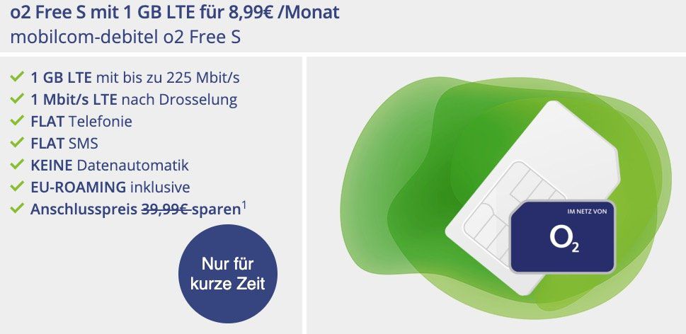 o2 Free S Allnet Flat mit 1GB LTE + unendlich weitersurfen für 8,99€ mtl.