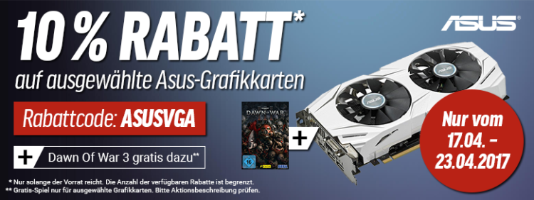 10% Rabatt auf ausgewählte Asus Grafikkarten   z.B. ASUS ROG Strix GeForce GTX 1060 OC für 296,10€ (statt 327€)