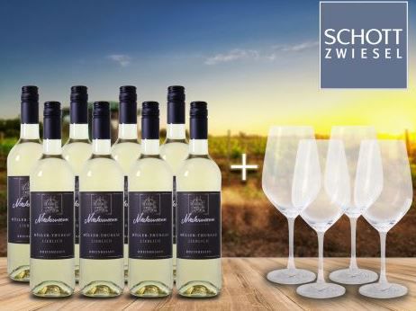 8 Flaschen Niedermann   Müller Thurgau Weißwein +  4 Weingläser von Schott Zwiesel für nur 44,94€