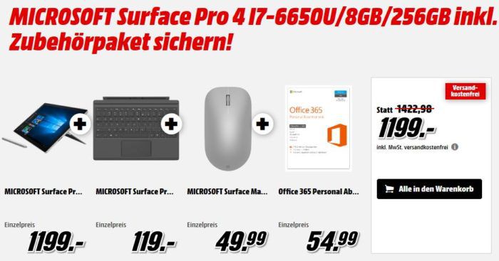 Surface 4 Pro i7 + Type Cover +Surface Maus + Office 365 für 1.199€ (statt 1.475€)