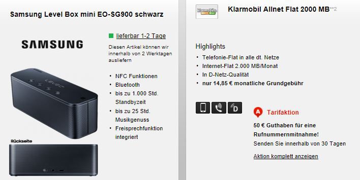 Klarmobil Allnet Flat mit 1GB für 13,72€ mtl. bzw. 2GB für 15,72€ mtl. + Level Box mini + 50€ Guthaben bei Rufnummermitnahme