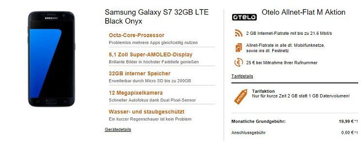 Samsung Galaxy S7 für 19€ (statt 427€) + otelo Allnet Flat M mit 2GB für 19,99€ mtl.